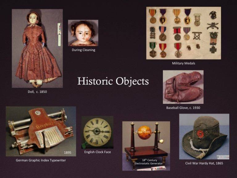 Restore Art. historic objects conservation, historical, doll, military medals, leather baseball glove, typewriter, antique mechanical device, clock, civil war hat, wood, wood inlay, furniture