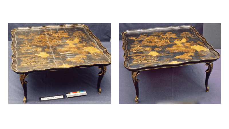 Restore Art. Chinese lacquer restoration. Heavy coating of cloudy and cupped varnish was removed from the Chinese lacquer table. Lifting lacquer was flattened and adhered to full restoration.