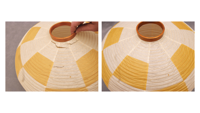 Restore Art, torn paper lamp shade restoration, Japanese tissue paper, Akari lamp shade by Isamu Noguchi