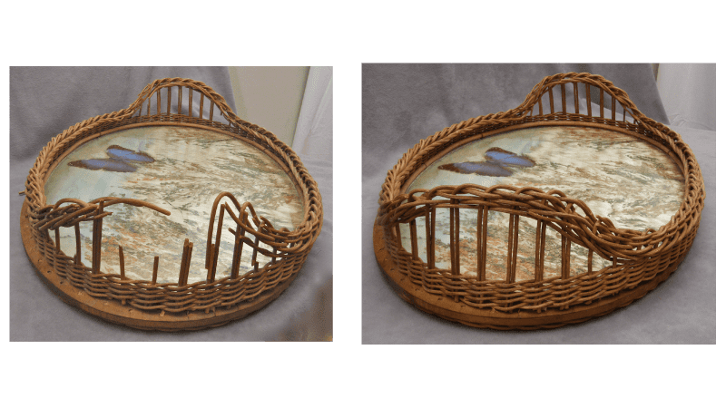 Restore Art. Basket wicker repair. Broken and missing parts on a basket tray. Wicker, rattan, caning restoration.