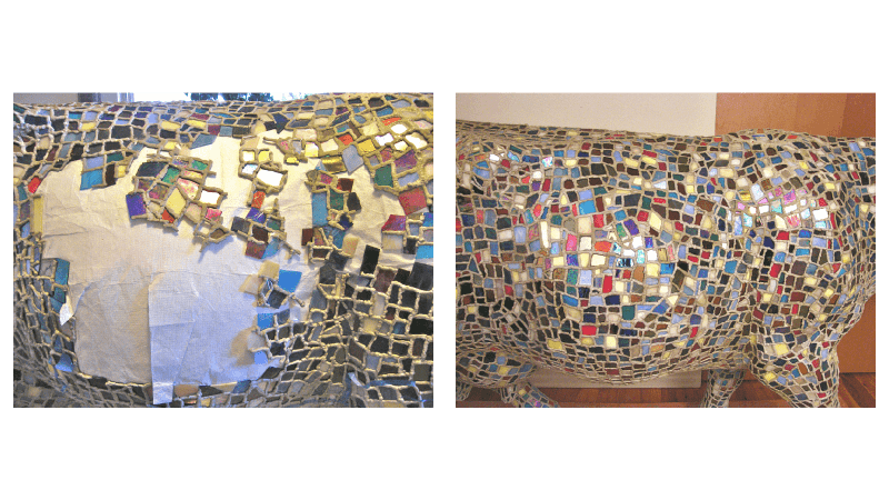 Restore Art. Glass mosaic restoration. Damaged fiberglass sculpture with glass mosaic.