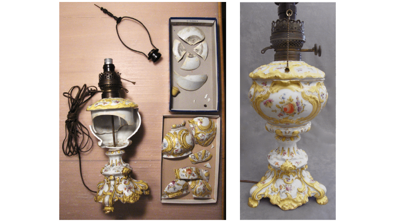 Restore Art. Victorian lamp. Broken into many pieces. Porcelain lamp ceramic pieces were mended with adhesive.