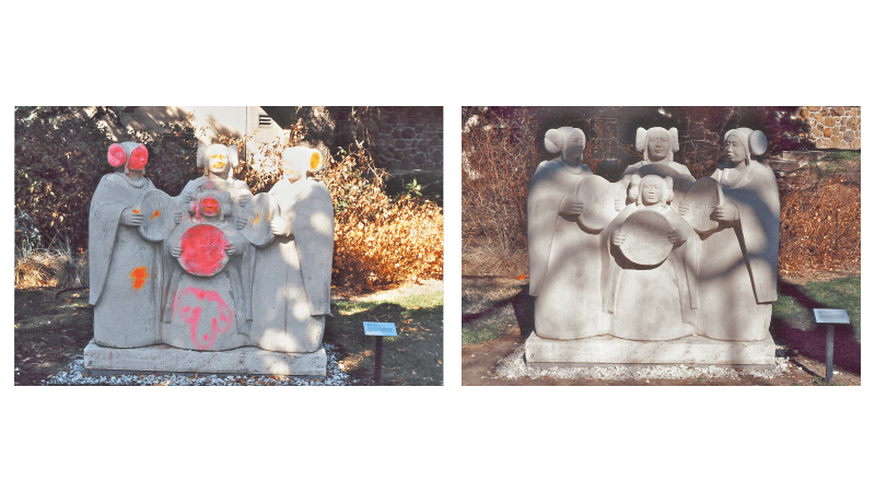 Restore Art. Graffiti removal. Spray paint graffiti on stone sculpture.